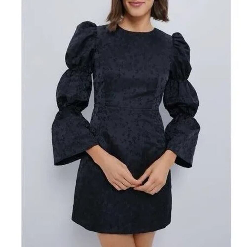 Hyacinth House Black Jacquard Puff Sleeve Darcy Mini Dress Size XS